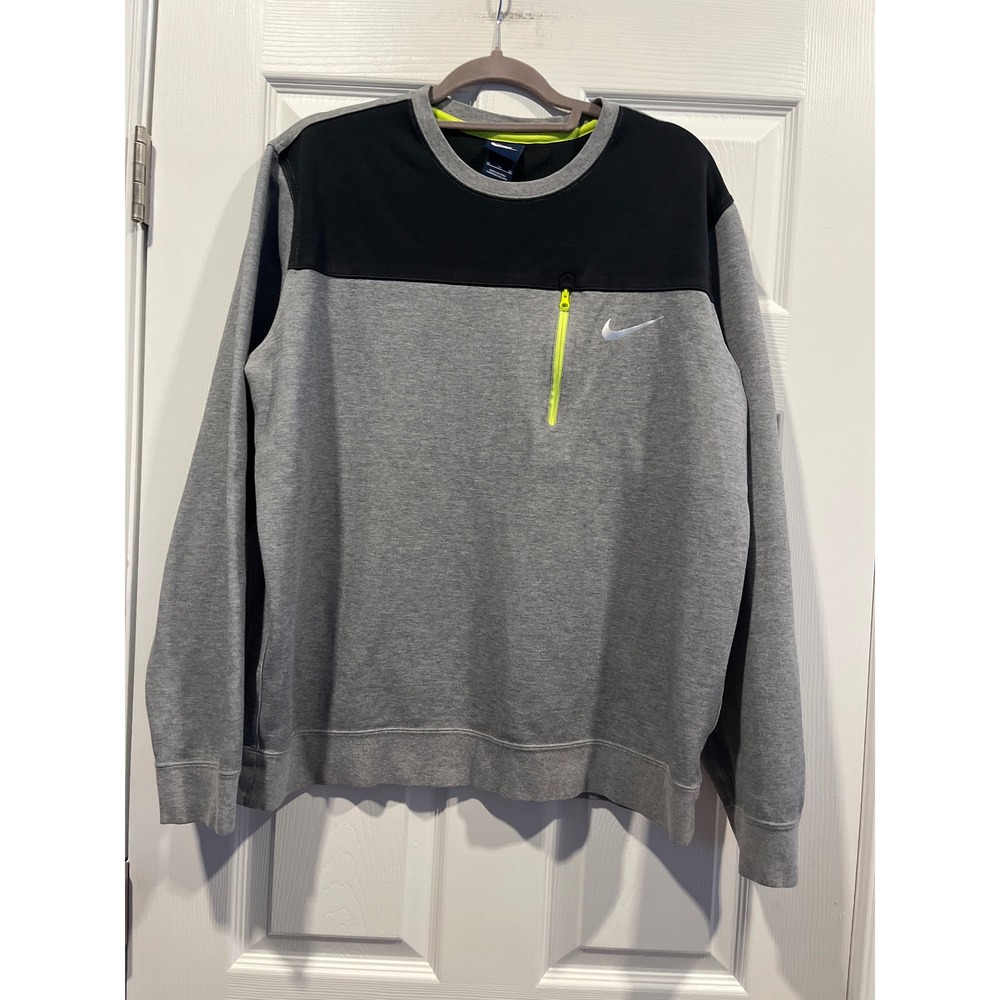 Nike Mens XL Grey Black Colorblock Crewneck Sweatshirt Neon Zip Pocket Pullover